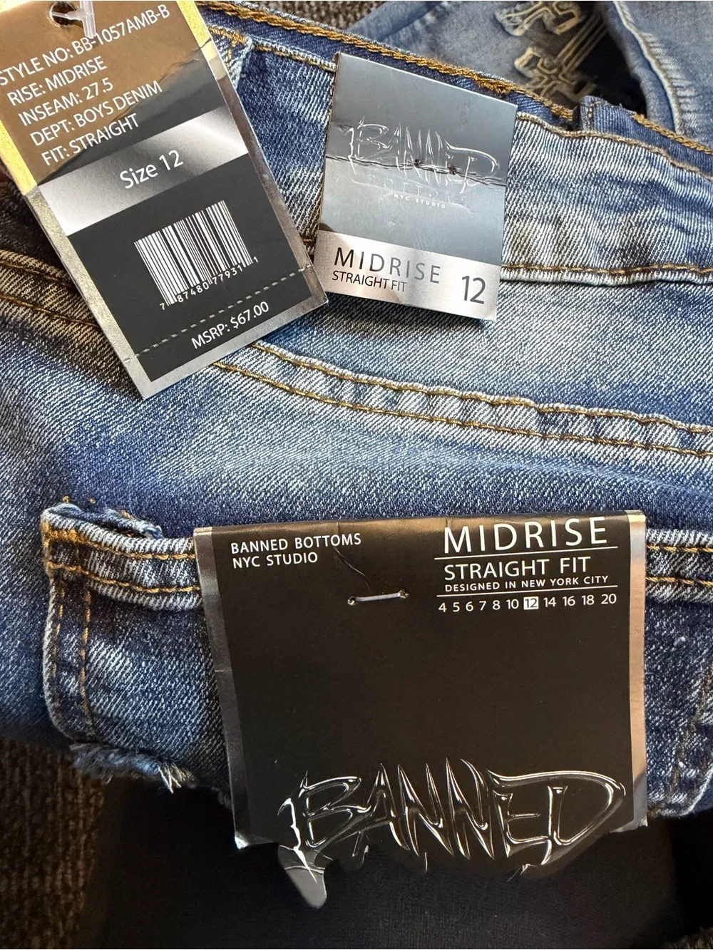 Banned Bottom Denim Cross Patches 100% Cotton Jeans Boys Size 12 NWT